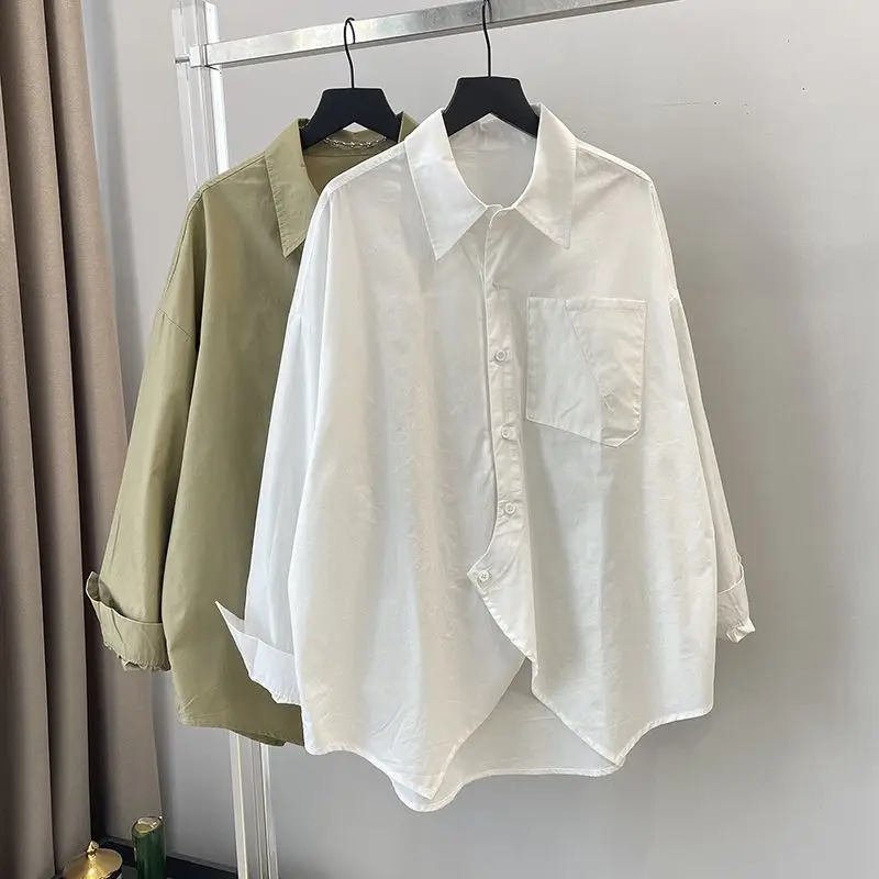 

Женская Асимметричная рубашка с диагональными пуговицами, белая свободная Облегающая рубашка в Корейском стиле с длинными рукавами, новин...
