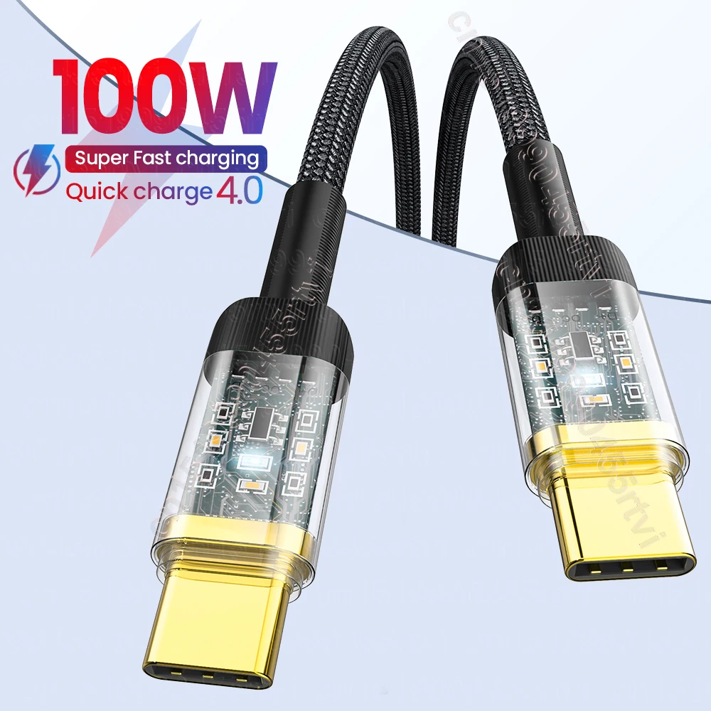 

PD 100W Transparent USB C To Type C Cable 5A Fast Charge USB C to USB C Display Cable For Macbook Xiaomi Samsung Type C Cable