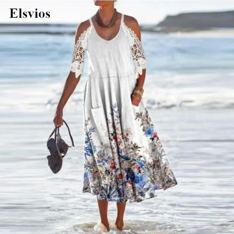 

Sexy Hollow Out Lace Sleeve Beach Dresses Women Elegant V Neck Floral Printing Party Dress Casual Pocket Loose Female Long Dress