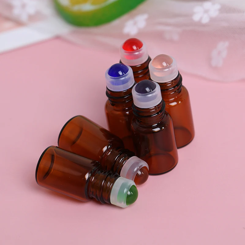 

10pcs 2ml Amber Glass Roll On Bottle Empty Vials With 5 Color Roller Ball For Essential Oils Perfume Aromatherapy