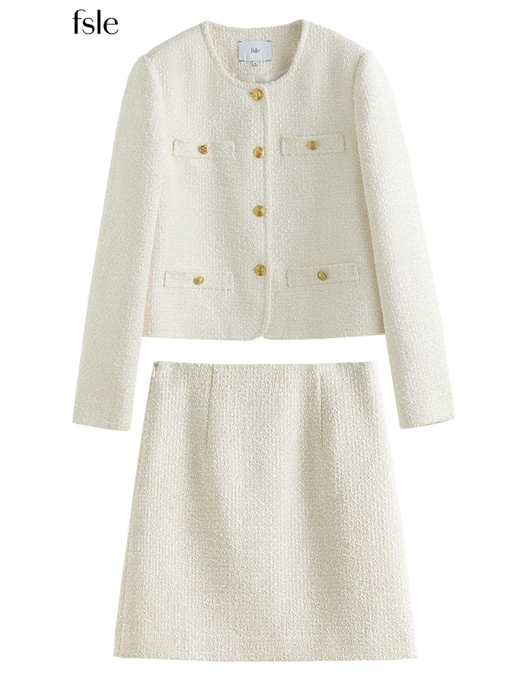 

FSLE Women Jacket Mini Skirts Temperament Two-piece Suit Small Fragrance Style Skirt Suit Fall Commuter O-Neck Loo Jackets