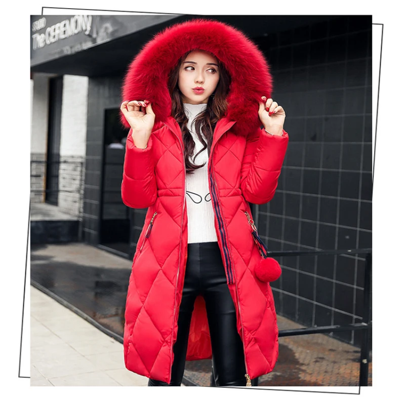 

New winter fashion women's clothing knee-length slim down cotton-padded jacket thick fur collar solid color cotton coat