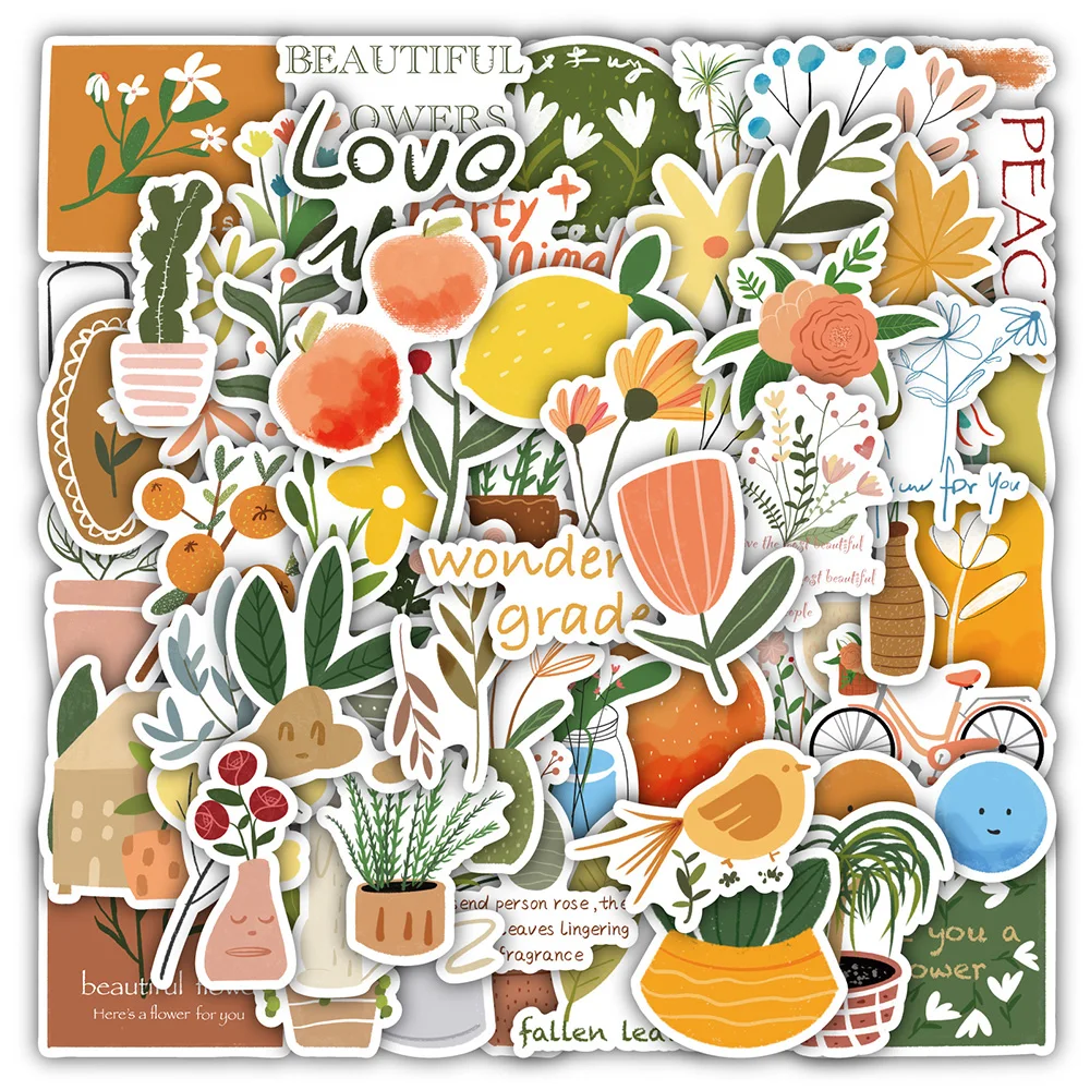 

10/30/60pcs Bohemian Style Plants INS Stickers Graffiti Decals DIY Laptop Phone Notebook Scrapbooking PVC Cute Sticker for Kids