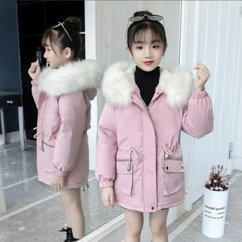 

Winter 2022 4-14Yrs Children's Hooded Fur Plus Velvet Thick Warming Cotton Outerwear Coat For Girl Jacket 5-14 Years