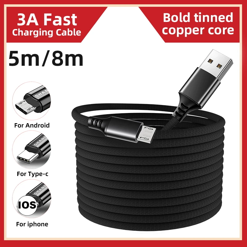 3m/5m/8m Multiple Lengths Micro Usb Cable Fast Charging Speed Effective PVC Protection For Android Xiaomi Phone Wire |
