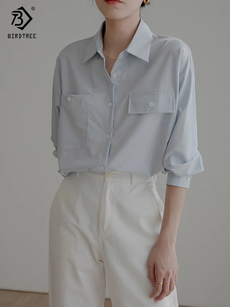 

2022 New Women Elegant Lantern Sleeve Cotton White Shirt Basic Turn-Down Collar Pockets Blouse Autumn Office Wear Casual T24509X