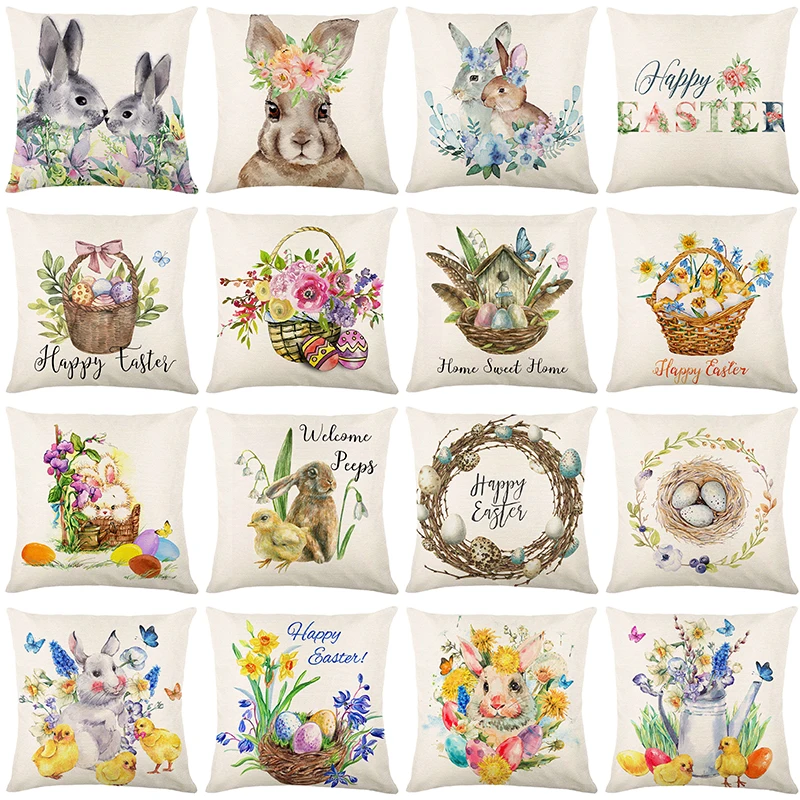 

Spring Easter Home Decor Cushion Cover Duck Bunny Easter Eggs Printed Pillow Covers Holiday Decorations Square Throw Pillowcase