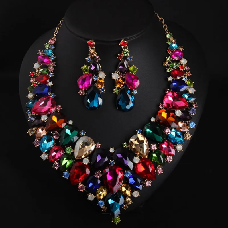 

Euro-american New Colored Crystal Glass Gem Necklace Earrings Set for Women Banquet Dress Exaggerated Elegance Jewelry Gifts