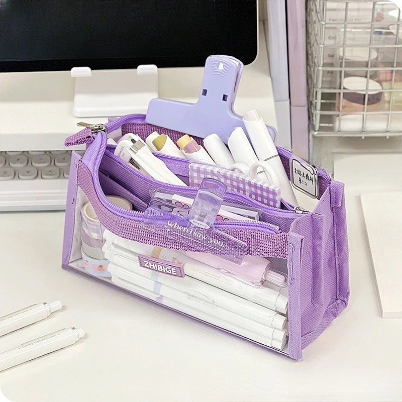 

Summer Large Capacity Pencil Bag Girl Stationery Aesthetic School Supplies Multilayers Transparent Pen Case Zipper Pencil Pouch