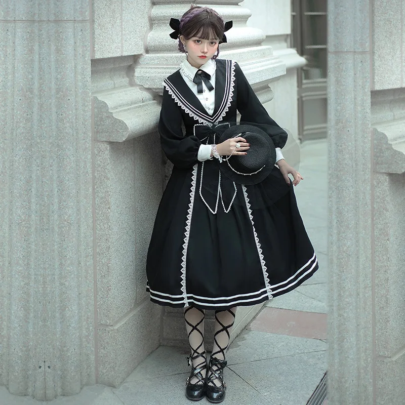 NONSAR Original College Style Lolita OP Dress Elegant Daily Long Sleeve Black White Stitching Dress With Tie