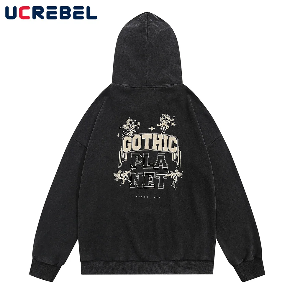

Washed Distressed Letter Print Hoodies Mens Angel Pattern Retro Sports Pullover Autumn Winter Loose Casual Pocket Sweatshirts