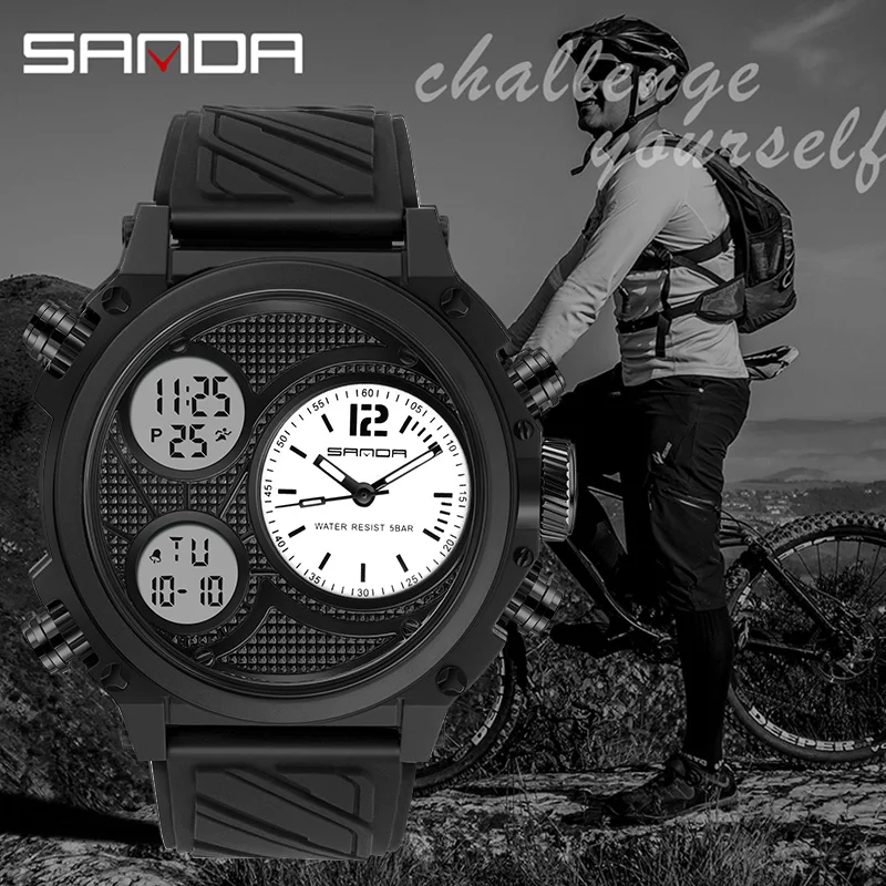 Часы SANDA Мужские кварцевые с тремя циферблатами спортивные цифровые