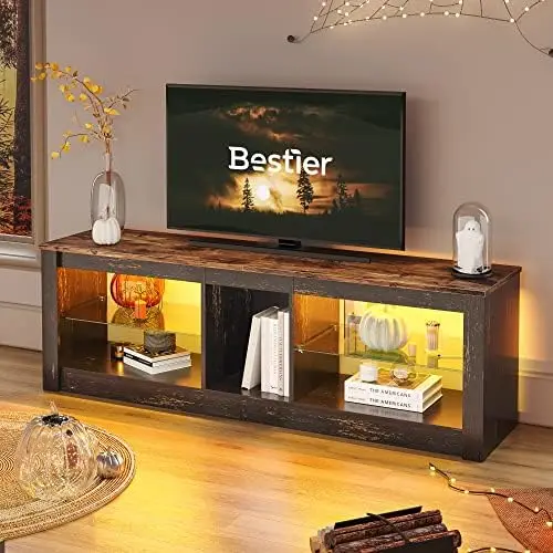 

Center LED Gaming TV Stand for 55+ Inch TV Adjustable Glass Shelves 22 RGB Modes TV Cabinet Game Console PS4, Wash Gray