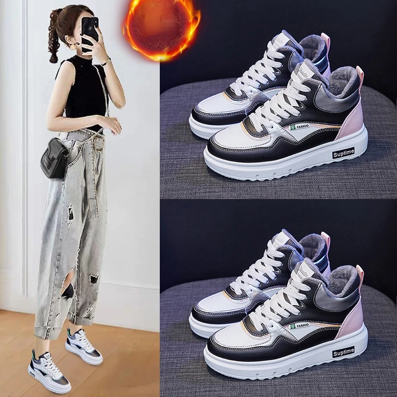 

Зимние теплые женские кроссовки на вулканизированной подошве с мехом и плюшевой подкладкой, повседневная обувь на шнуровке, модные кроссов...