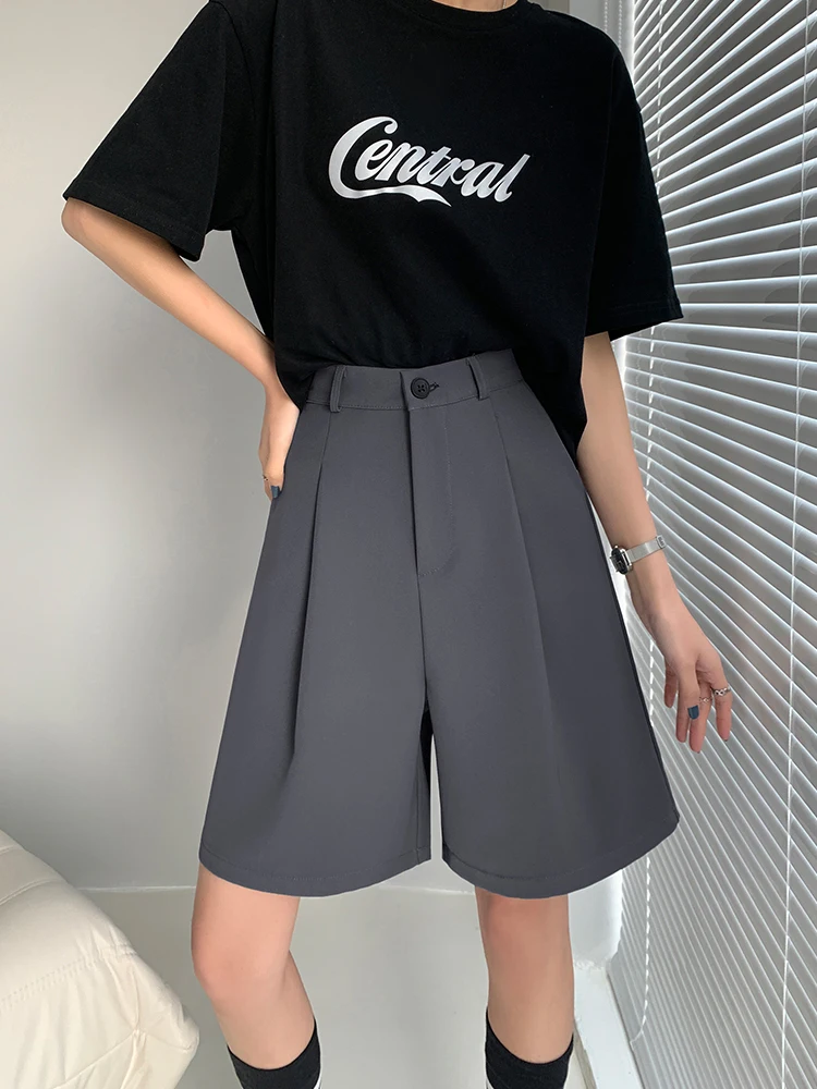 DFRCAEG 2023 Summer Bermuda Shorts For Women High Elastic Waist Wide Leg Loose Suit Pants With Pockets Casual Half Pants Femme