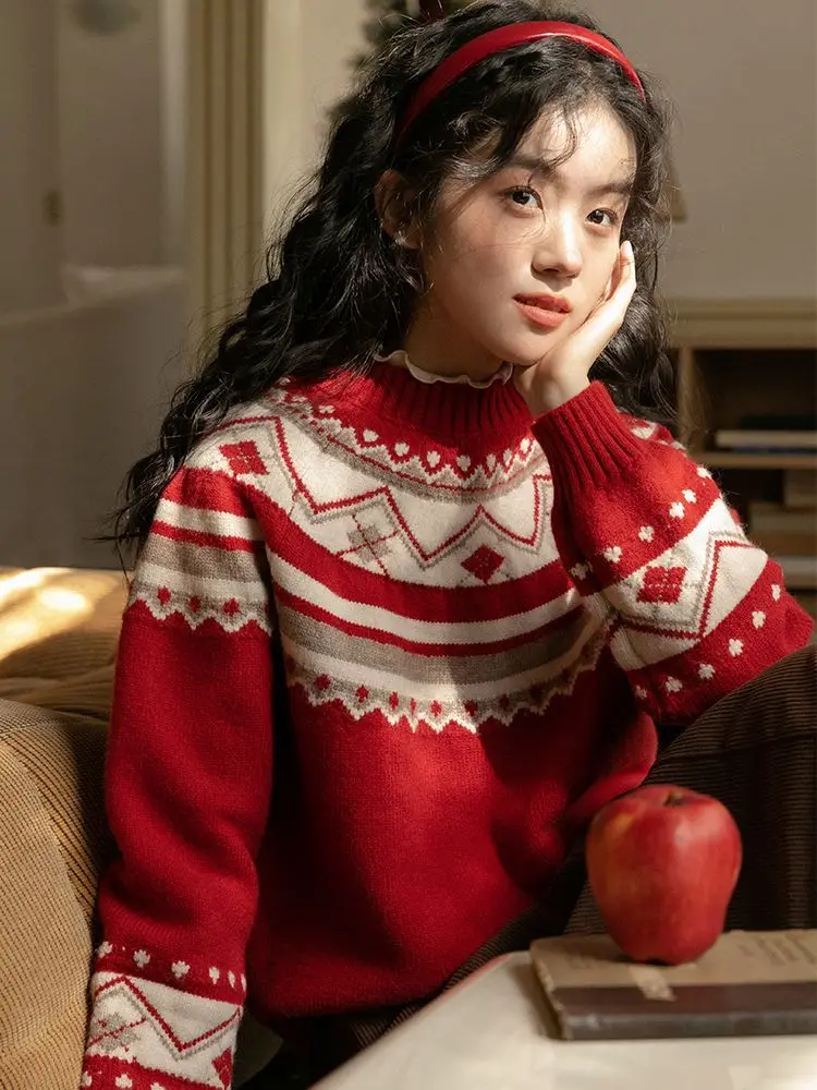 Новогодний и рождественский красный вязаный свитер женский зимний свободный топ