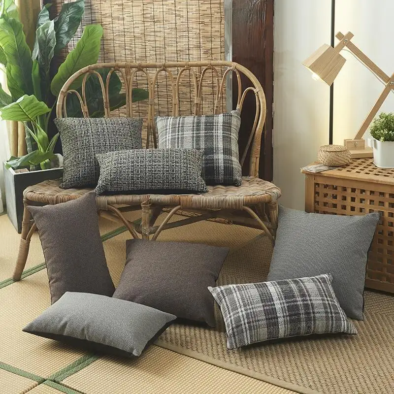

New Linen Plaid Dutch Velvet Cushion Covers Gray/Red/Yellow Solid Dyed Pillowcase Decorative Sofa Waist Soft Throw Pillows Cover