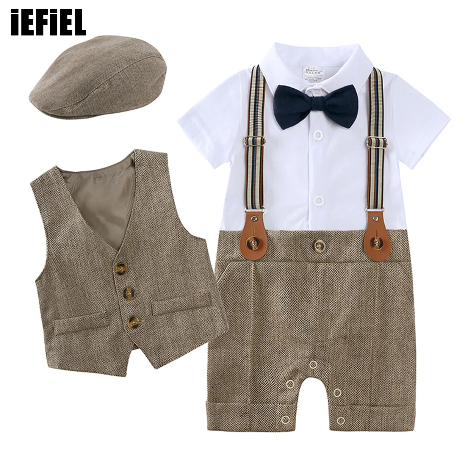 

Baby Boys Gentleman Clothes Set Short Sleeve Turndown Collar Button Closure Suspender Style Bodysuit with Vest And Hat