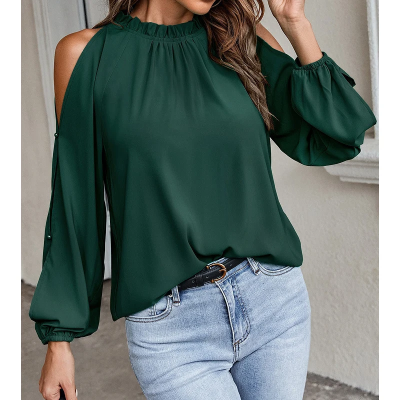 

Vintage Off Shoulder Stand Collar Green Tops Fashion Chiffon Blouse Women Women's Clothing Spring Ruffle Long Sleeve Shirt 24406