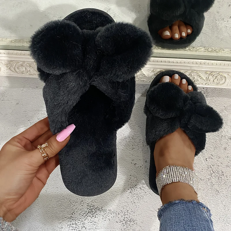 2021 Winter New Indoor Bow-Knot Women Fur Slippers Gray Pink Solid Faux Fur Warm Plush Shoes Home Ladies Fluffy Slippers