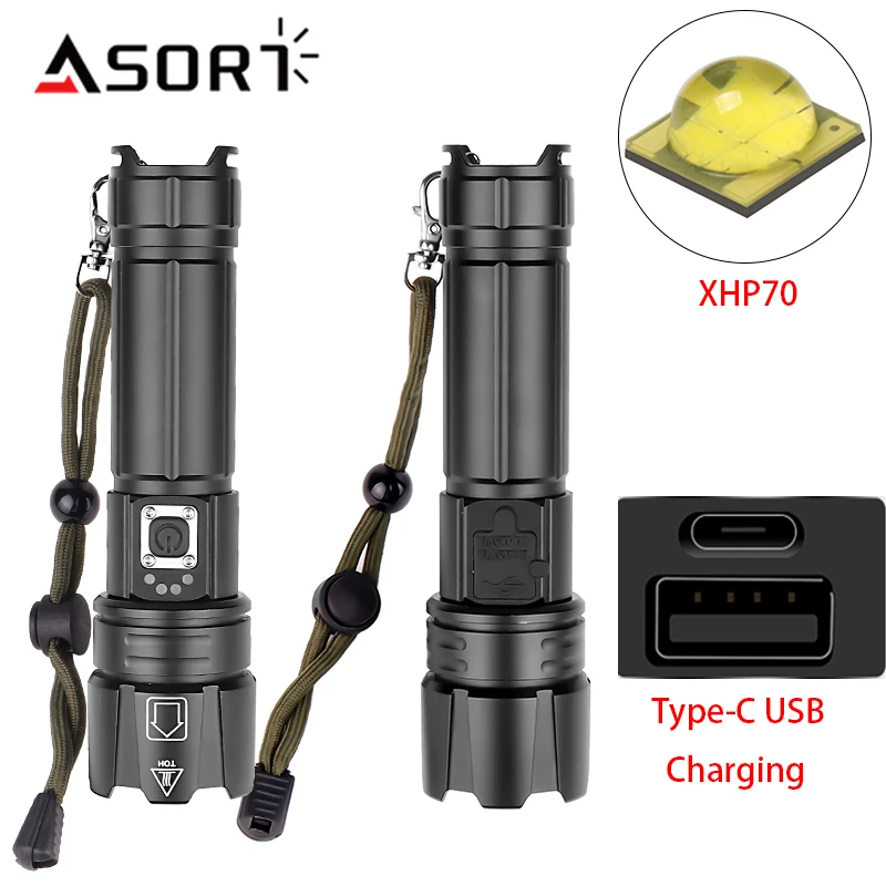 XHP70 LED Flashlight Rechargeable TYPE-C Zoom Torch Outdoor Camping Strong Light Lantern Waterproof Support Power Output