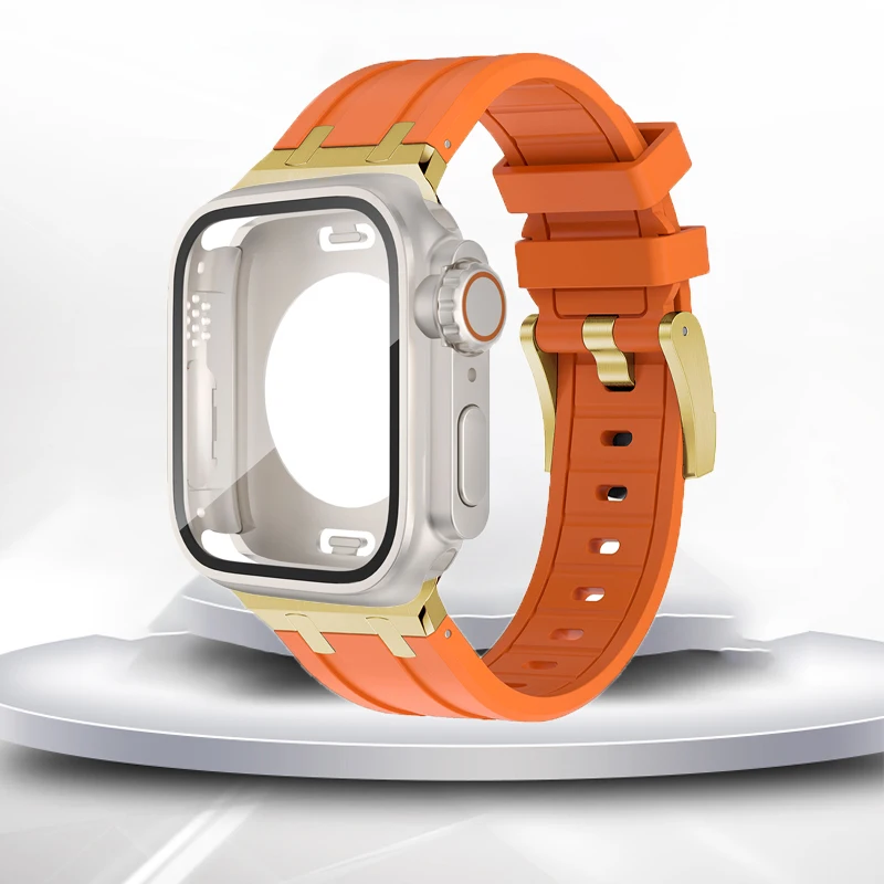 

Стекло + фото + ремешок для Apple Watch Band 44 мм 45 мм роскошный силиконовый браслет iWatch Serise 6 7 8 SE сменить на ультра водонепроницаемый телефон