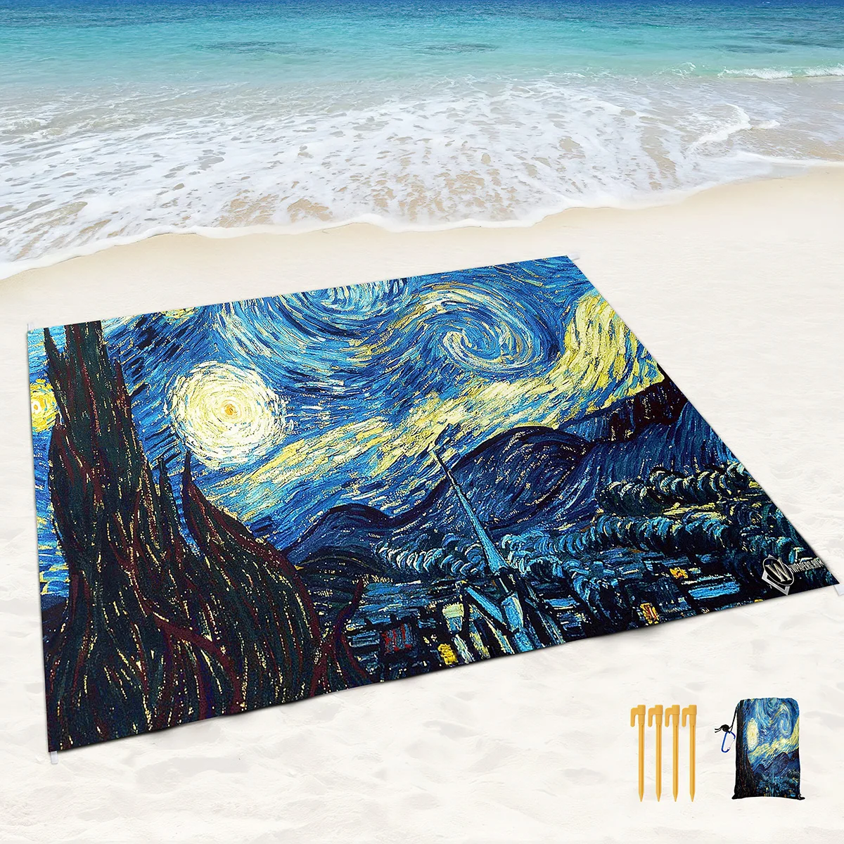 

Van Gogh Oil Painting Large Sand Poof Beach Blanket with Corner Pockets and Mesh Bag for Beach Party,Travel,Camping,Light Weight