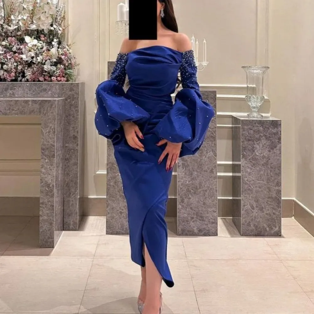 

Katerina Elegant Beads Mermaid Prom Dresses Off Shoulder Puff Long Sleeves Ankle-Length Party Dresses For Women Evening Dress
