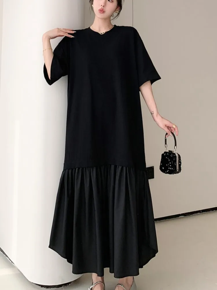 Фото Новое летнее корейское женское платье Vestidos Robe Elbise, свободные однотонные лоскутные длинные платья больших размеров с короткими рукавами и разрезом №4
