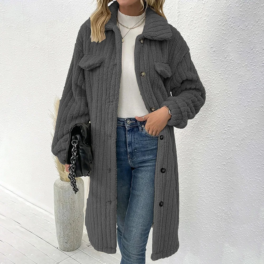 

Autumn Winter New Versatile Simple Fashionable Single Breasted Turndown Collar Plush Pit Stripe Temperament Long Coat for Women