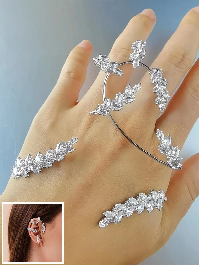 

2 In 1 Bridal Wedding Leaf Clip Earrings Hand Palm Bangles Jewelry Set 3A CZ Zircon Whear Ear Design No Hole Earring for Women