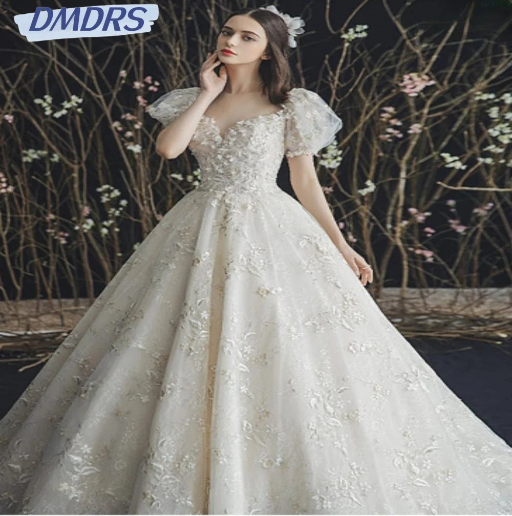 

Elegant A-line Floor-length Wedding Dress Romantic Sweetheart Neck Puff Sleeve Bridal Gown Classic Appliques Bride Robe