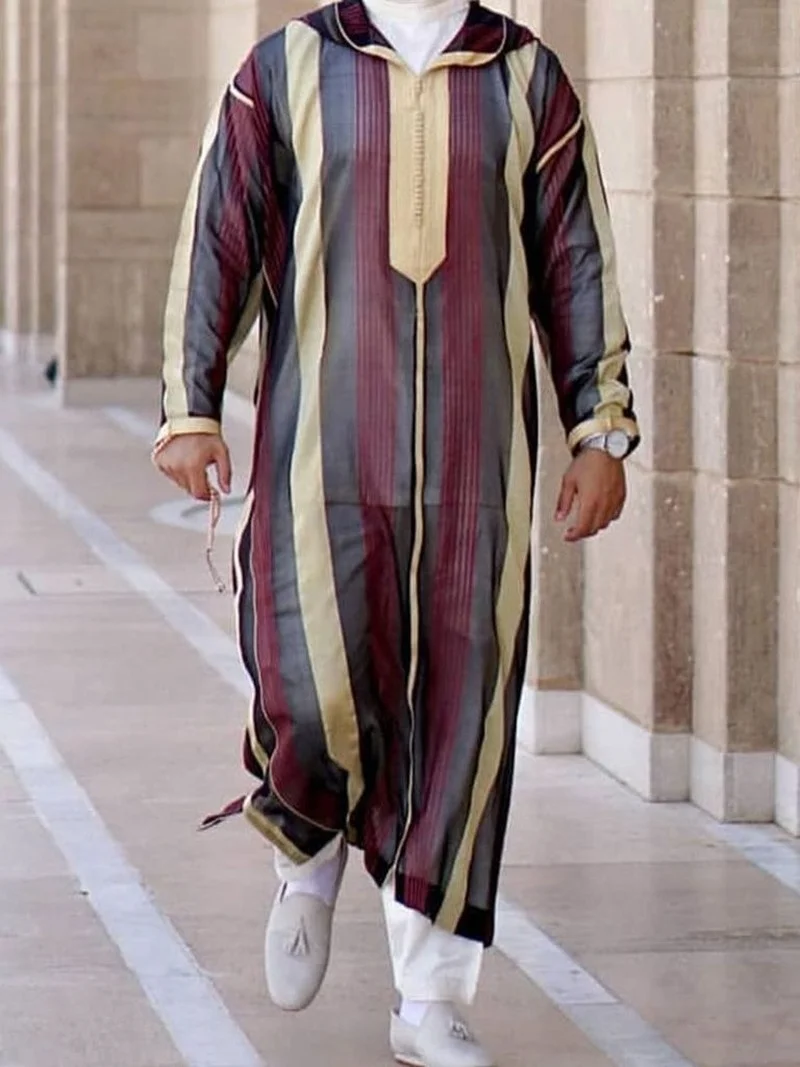Lapel Muslim Mens Long Sleeve Thobe Middle East Saudi Arab Kaftan Islamic Abaya Dress Dubai Robes with Striped Pattern