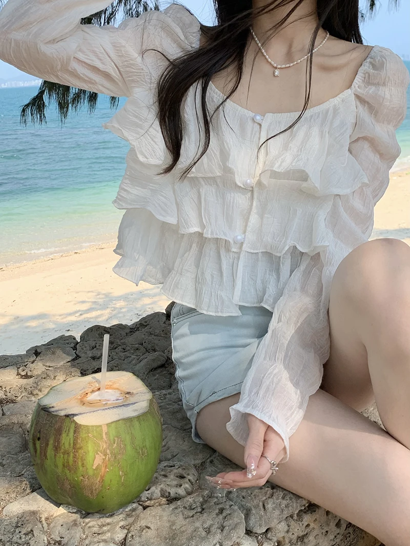 

Женская винтажная Блузка с оборками, короткая блузка в Корейском стиле с длинным рукавом, 2 цвета, на весну-осень, 2022(xy12899