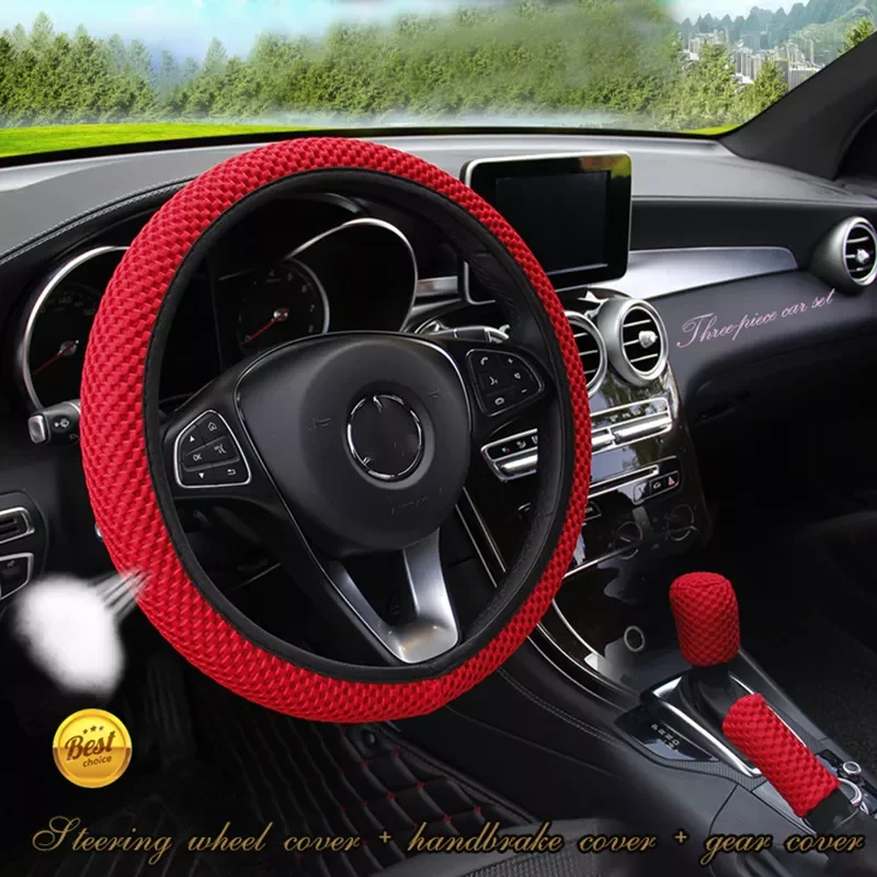 

38CM 1/3 Pcs Ice Silk Steering Wheel Cover Wear-resistant Anti-slip Car Accessories Gear Handbrake Cover Interior