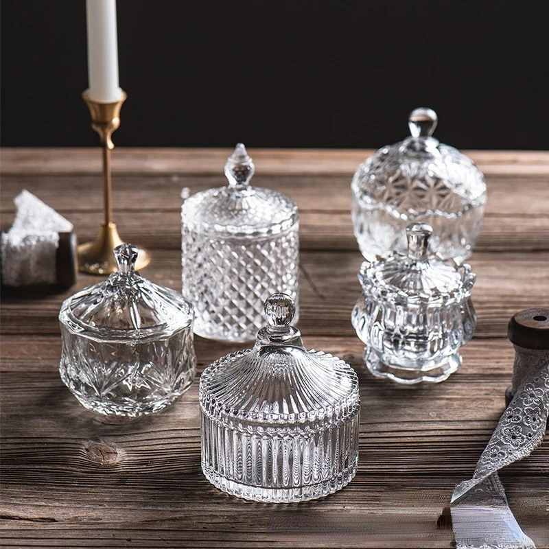 Transparent Glass Candy Jar With Lid Crystal Storage Jar Candy Cup Sugar Jar Happy Candy Cube Snack Candle Jars Decoration Home