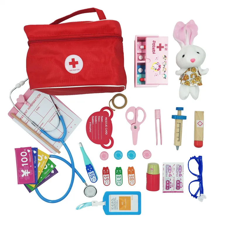 

Doctor Toys for Kids Set Children Wooden Pretend Play Kit Games for Girls Boys Red Medical Dentist Medicine Box Cloth Bags
