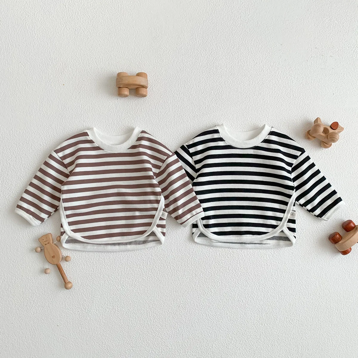 Spring and Autumn New Style Girls T-Shirt Stripe Casual loose Coffee Boys Top 0-3Y Baby Clothes Cotton Clothes For Children