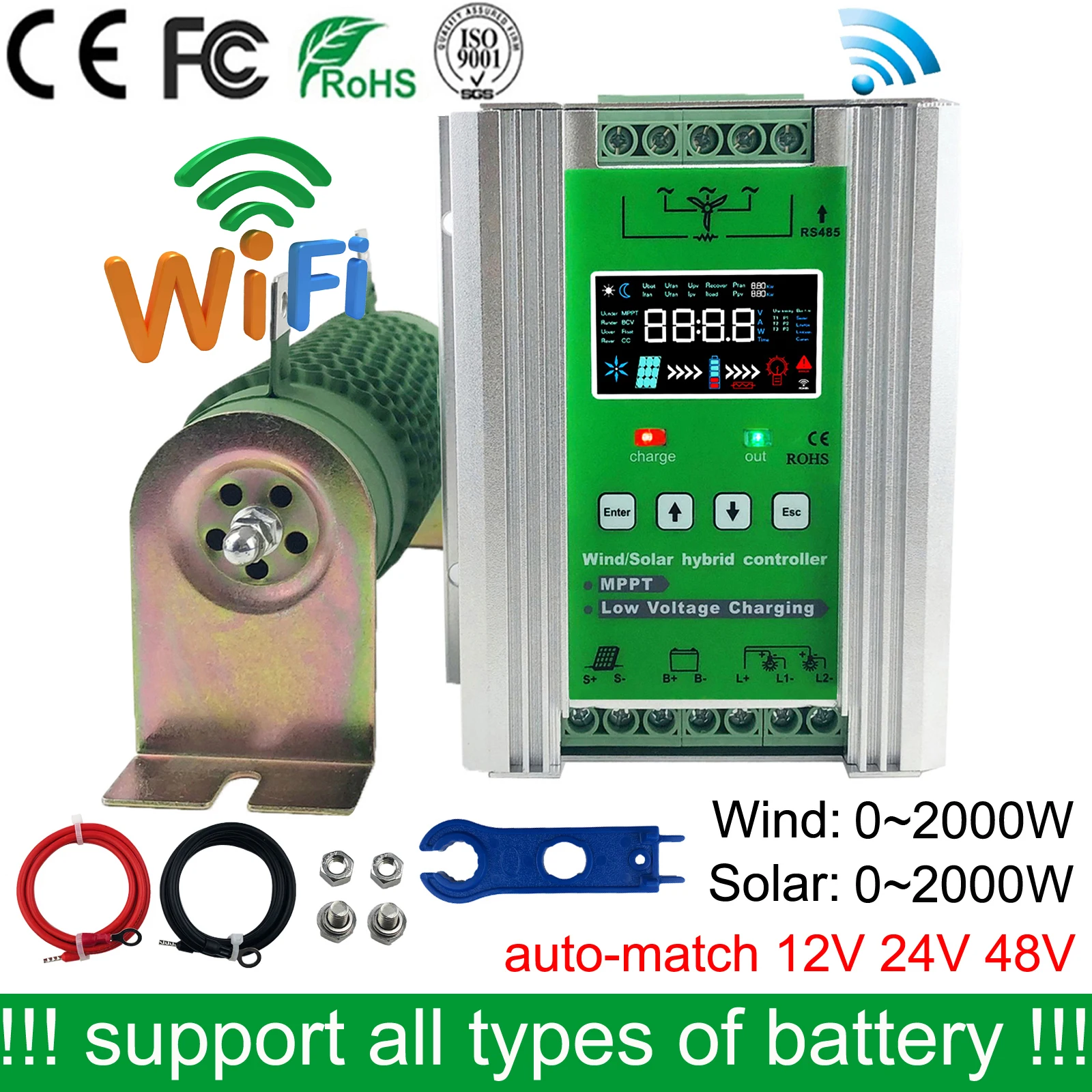 

WiFi 4000W MPPT Wind Solar hybrid Charge Discharge Booster Controller Dump Load For12V 24V 48V Lifepo4 Lithium Lead Acid Battery