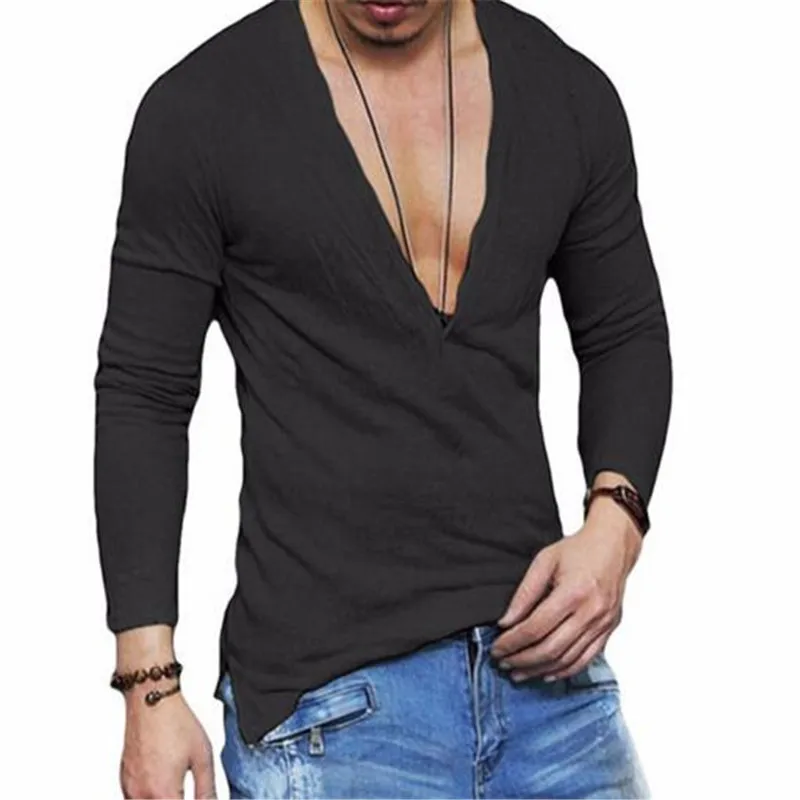 

Deep v neck t shirt men long sleeve mens tshirt slim skinny t-shirt casual summer thin section camisetas hombre tee shirt homme