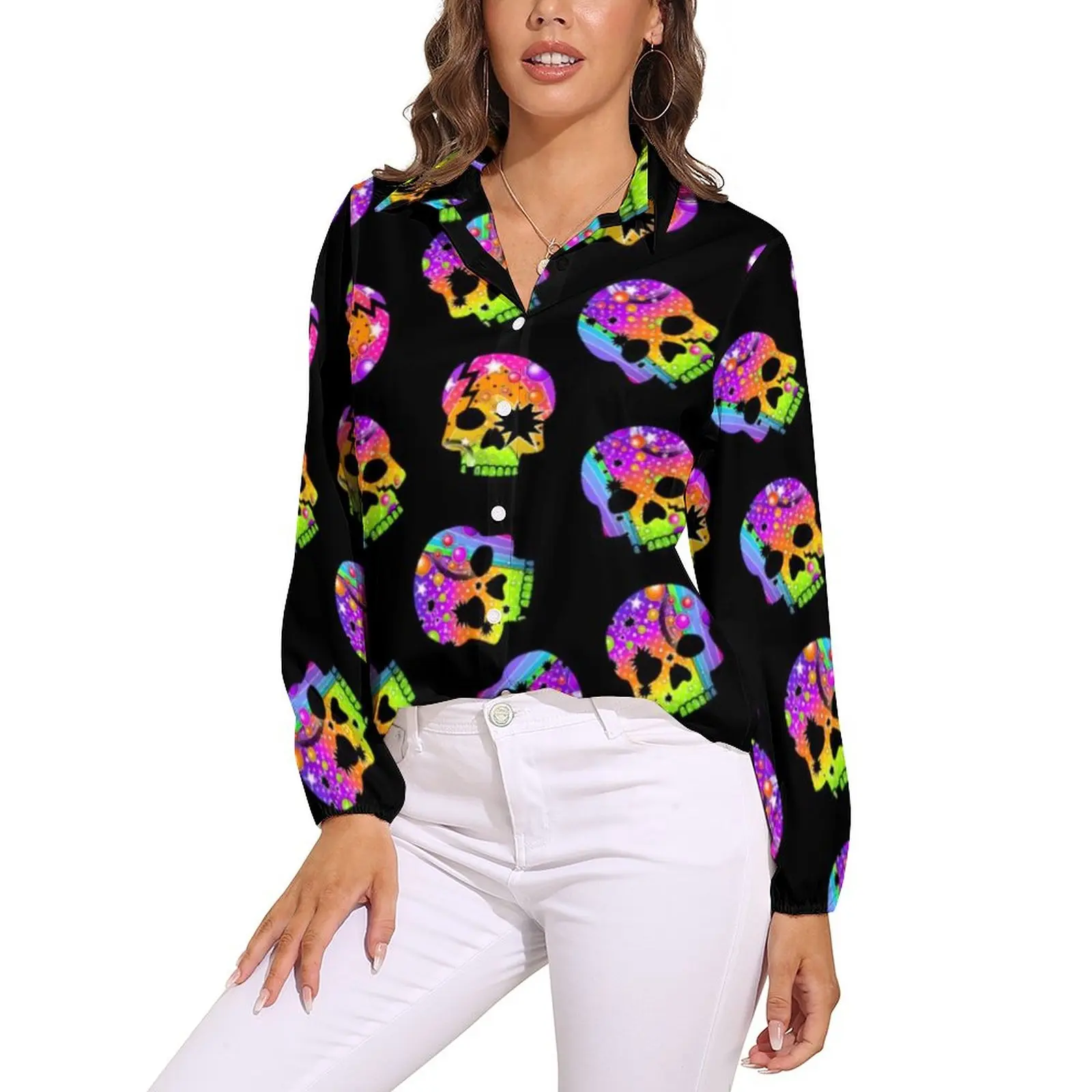 

Sugar Skull Ombre Blouse Halloween Skulls Art Kawaii Custom Blouses Women Street Fashion Shirt Long Sleeve Oversized Clothing