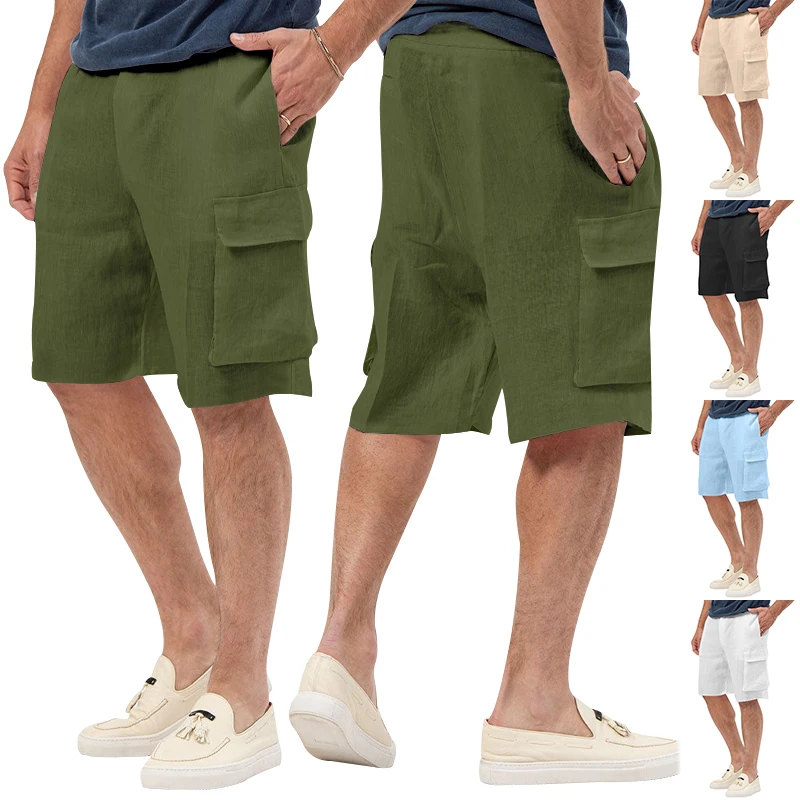 

2023 New Sport Casual Running Linen Shorts Multi Bag Lacing Men's Beach Cargo Pants Quick Drying
