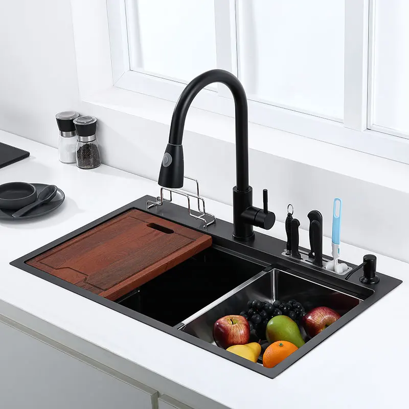 

Black Kitchen Sink With Knife Holder Vegetable Washing Basin Cutting Board StainleSS Steel Pia High And Low