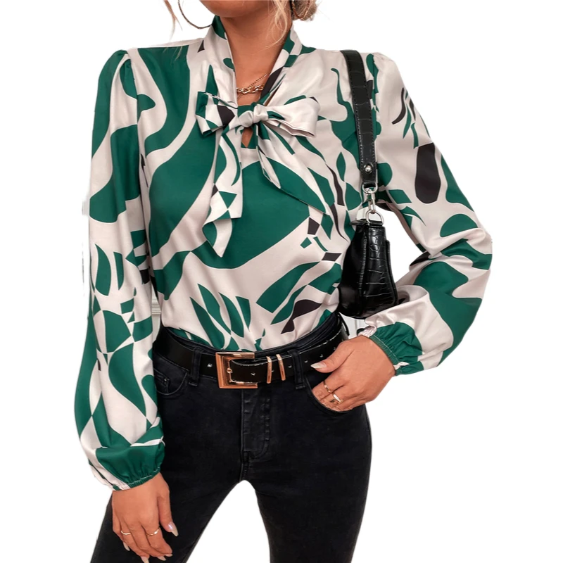 

Vintage Blouses Striped Floral Leopard Shirts Office Lady Print Blouse Spring Fashion Button Lattern Sleeve Women Bow Tie Tops