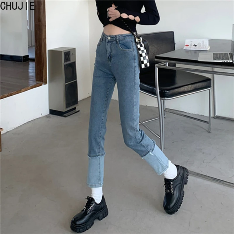 

2022 Spring Loose Straight Pants High Waist Cropped Jeans Women Patchwork Raw Edge Nine Points Denim Pants Female Plus Size