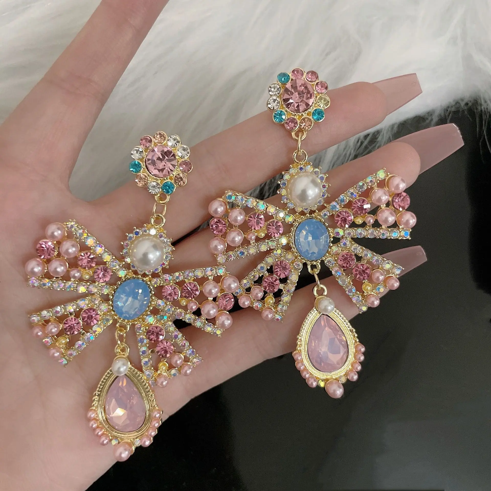 

Fashion Banquet Long Bow Rhinestone Pearl 925 Silver Stud Earrings