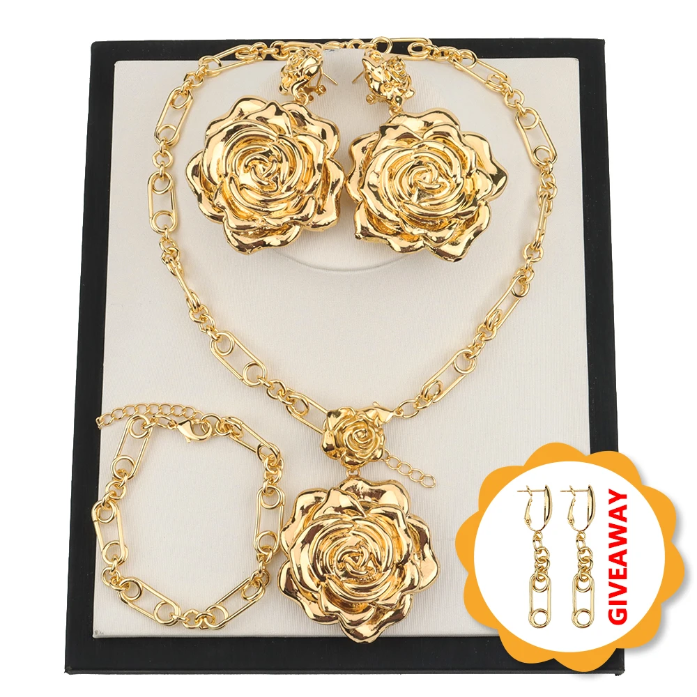

Flowers Jewelry Set Dubai Golden Jewelry Sets For Women Bridal Wedding Accessories Bride Jewelry Set 3 Pcs Necklace Earring Set
