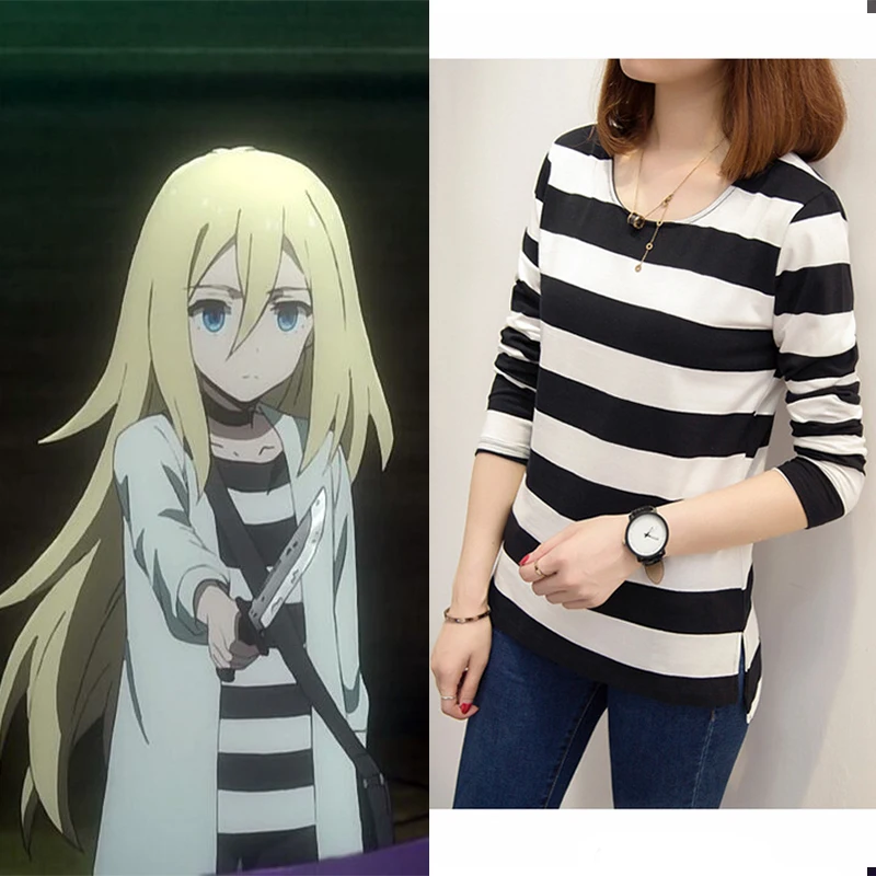 

Angels Of Death Ray Rachel Gardner Black And White Stripe T-shirt Tops Uniform Outfit Anime Cosplay Costumes