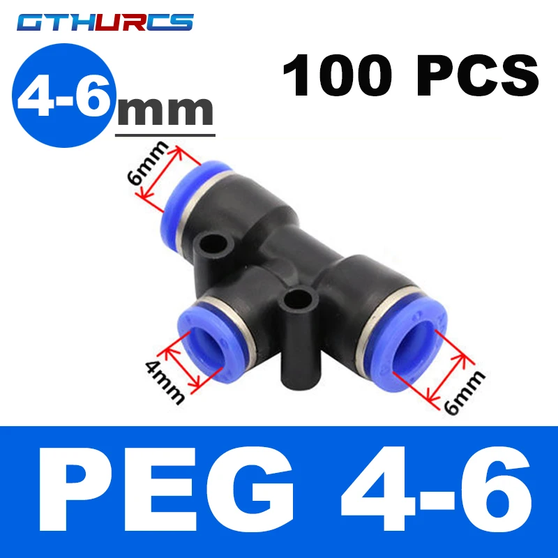

100/50 шт. пневматические фитинги типа ПЭ/Пег, пластиковые Т-образные 3-ходовые для 4 мм до 16 мм 4-6 6-8 8-10, пневматический быстроразъем