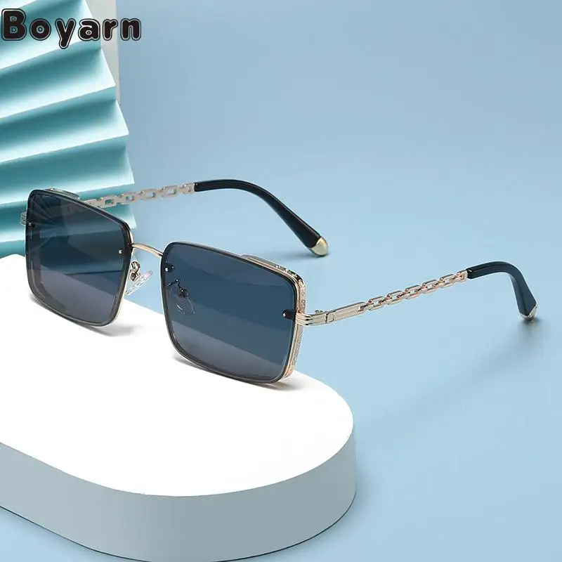 

Korean Version Metal Box Sunscreen Sunglasses Women's Advanced Sense Of Personality Chain Mirror Legs Sunglasses Men's Foreign T